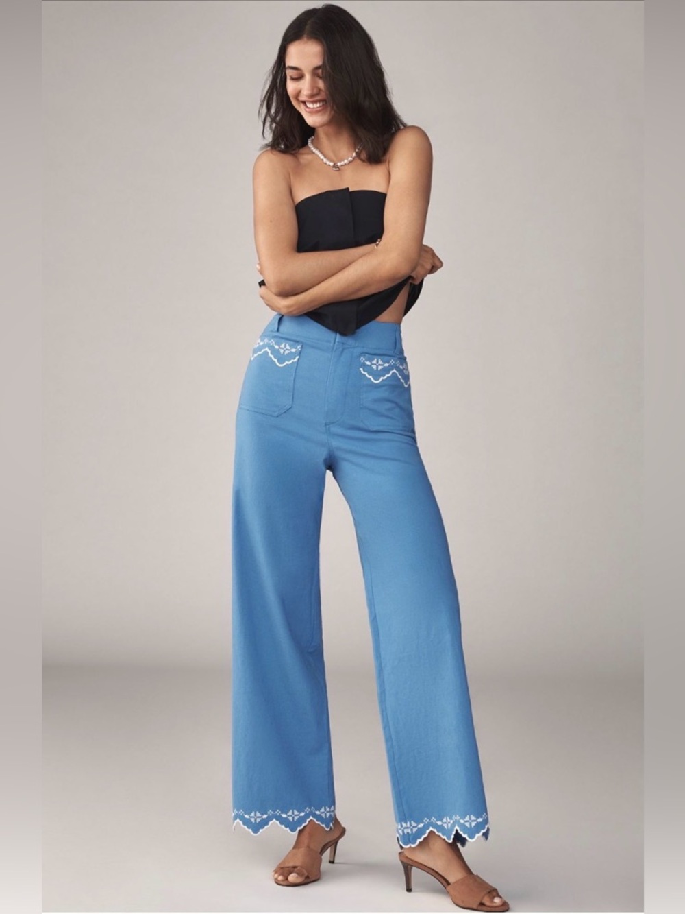 Anthropologie Colette Blue Linen Lace Trim Full Length Wide Leg Pants Maeve 30